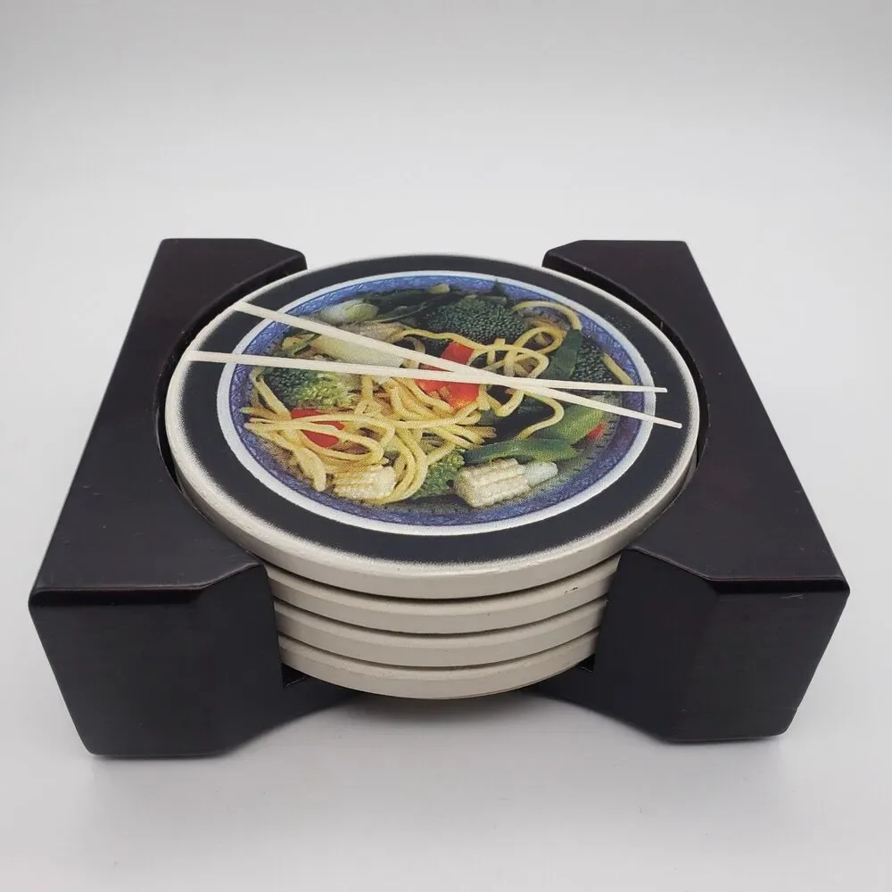 Ceramic Round Coasters Chinese Take Away Set of 4 & Wood Holder Rice Lo Mein Bar